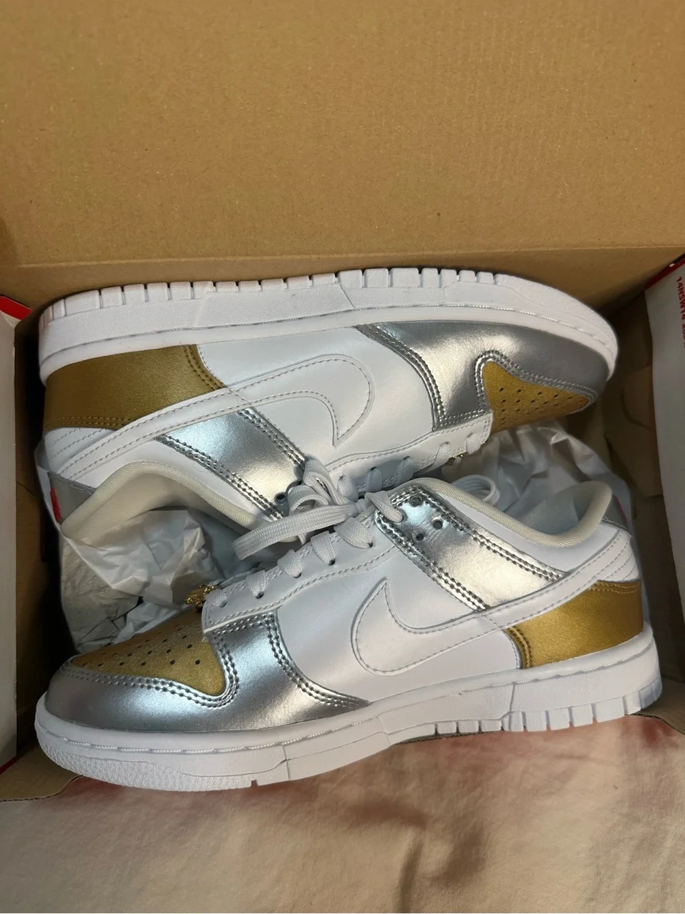 Nike White, Gold & Silver Low Top Sneakers